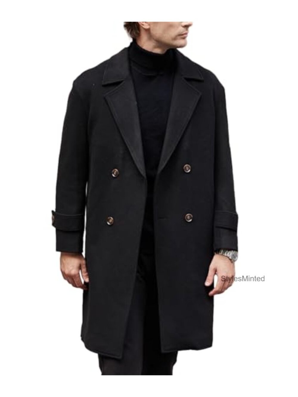 Men's Winter Pea Coat Notched Lapel Double Breasted Trench Coat Windproof Long